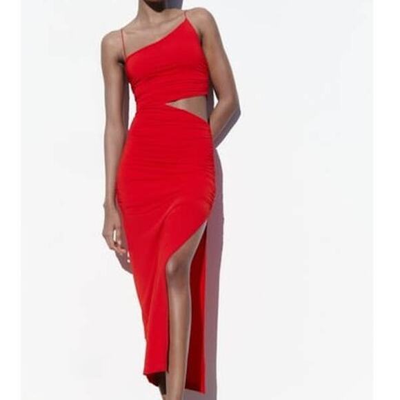 Zara Red Spaghetti Strap Cut Out Midi / Maxi Dress with Side Slit Size Small - Picture 1 of 9